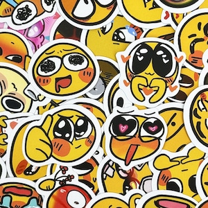 May include: A collection of yellow emoji stickers with various expressions. Some stickers have hearts, blushing cheeks, and thumbs up. The stickers are on a white background and have black outlines.