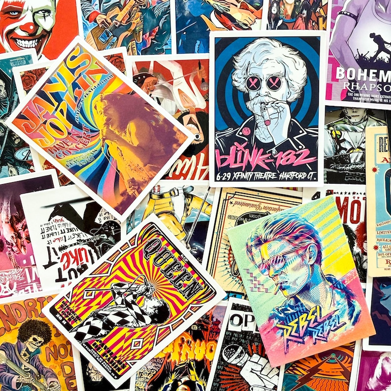 Peut inclure: Une collection d'autocollants et d'affiches sur le th&egrave;me de la musique. On y trouve des images de Janis Joplin, Blink 182 et Queen. Les motifs comprennent des affiches de concerts et des illustrations aux couleurs vives et &agrave; la typographie audacieuse. Les autocollants sont dispos&eacute;s en couches.