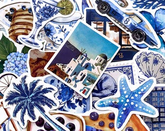 50 pegatinas estéticas azules, pegatinas de acuarela costera, arte de porcelana, decoración azul océano, pegatinas impermeables para la decoración del hogar.