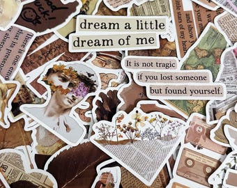 50 autocollants en papier vintage, autocollants de scrapbooking marron, autocollants d'objets rétro, autocollant imperméable pour les fans de vintage, amateurs d'artisanat, collectionneur