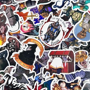 May include: A selection of fantasy-themed stickers with vibrant illustrations. The designs include knights, creatures, and phrases such as "Thou art Undead" and "A Hoonter Must Hoon". The stickers are glossy and come in various shapes and sizes.