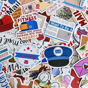 May include: A collection of colorful stickers with postal service themes. Designs include mailboxes, postal worker hats, and phrases like "I'm into fitness" and "When I grow up I want to be a postal worker." The stickers are various shapes and sizes.