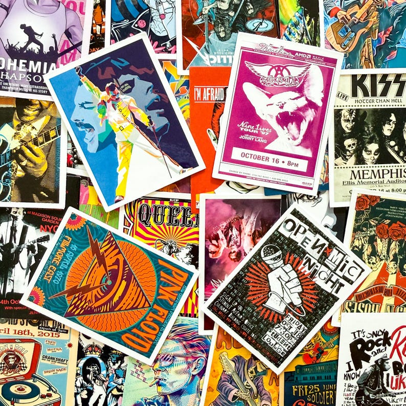 Peut inclure: Un collage d'affiches de concerts vintage de groupes de rock. Les affiches incluent Pink Floyd, Queen, Kiss, et d'autres. Les affiches sont de couleurs et de styles vari&eacute;s, avec du texte et des graphiques.