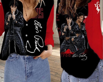 Retro Elvis Presley Blouse Shirt, King Of Rock Ladies Top, Rock N Roll Casual Shirt, Long Sleeve Shirt, Elvis Presley Merch