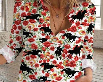 Kentucky Derby Pferderennen Bluse Shirt, Run For The Roses Damen Top, Rote Rose Blumen Top, Südliche Preppy Derby Outfit, Geschenk für Sie