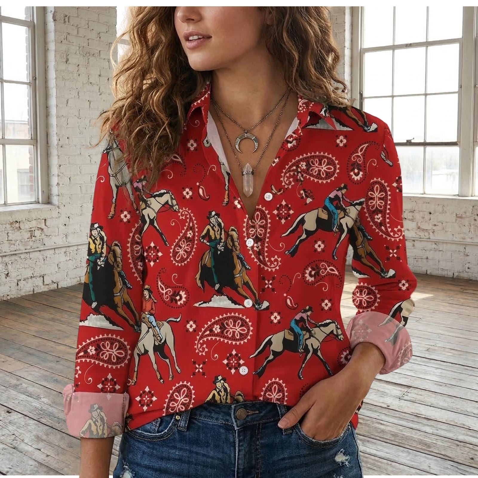 Chemise Cowgirl Vintage Karman - Femme - Rouge à Carreaux - Volants Et Snaps - Taille S/M