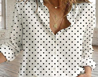 Y2K Polka Dot Bluse Shirt, Polka Dot Casual Shirt, weiß rosa schwarze Punkte Frauen Shirt, Langarm Shirt, Geschenk für sie