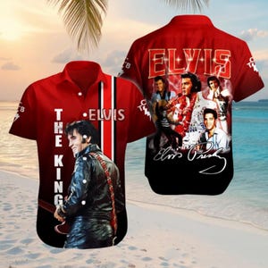 May include: Red and black short-sleeve shirt featuring Elvis Presley. The shirt has a vertical white stripe and the text "ELVIS" and "THE KING". The back of the shirt has a collage of Elvis images and the text "ELVIS" in red.