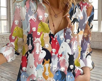 Colorful Horse Blouse Shirt, Kentucky Derby Women Shirt, Horse Racing Ladies Top, Run For The Roses Shirt, Derby Day Ladies Top, Horse Lover