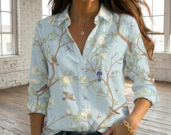 Vogel Blumen Shirt, Vinatage Blumen Frauen Shirt, Vogel Natur Langarm Shirt, Camping Sommer Shirt, Vogel Wandern Shirt, Geschenk für sie