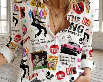 Elvis Presley Blouse Shirt, Elvis Casual Shirt, Elvis King Women Shirt, King Of Rock And Roll Shirt, Long Sleeve Shirt, Blouses Tops Women