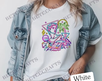 Neon Retro Vaporwave T-Shirt – Classical Bust & Palm Graphic | DTF Print  | S–5XL