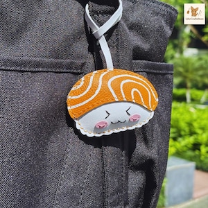 Kawaii Salmon Sushi Leather Keychain | Cute Nigiri Bag Charm | Handmade Japanese Food Key Fob | Unique Gift for Her
