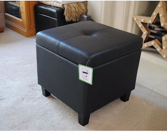 Black Genuine Full Leather Storage Footstool Pouffe NEW