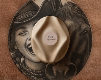 Cowgirl & Horse Hat Burning Design: Western Wide Brim Template PNG LightBurn + PDF (Commercial use)