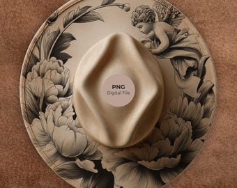 Angel and Peonies Hat Pyrography Design - Laser Engraving Template (PNG & PDF) for Commercial Use