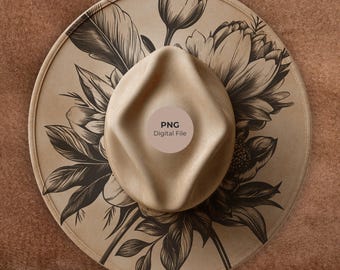 Boho Flowers & Feather Hat Pyrography Design: Laser Engraving PNG + PDF Template
