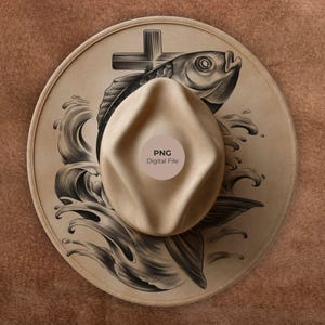 May include: A tan fedora hat rests on a round, beige surface with a detailed black and white illustration of a fish, waves, and a cross. The hat has a circular sticker that says "PNG Digital File".
