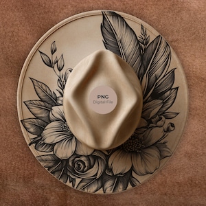 Boho Flowers & Feather Hat Pyrography Design: Laser Engraving Template (PNG + PDF) Commercial use