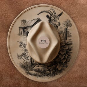 May include: A tan cowboy hat with a detailed illustration of a goat, a small cabin, and a fence. The hat has a wide brim and a rounded crown. A sticker on the hat reads "PNG Digital File".
