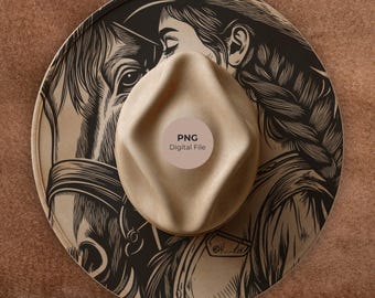 Cowgirl & Horse Hat Burning Design: Western Wide Brim Template PNG LightBurn + PDF (Commercial use)