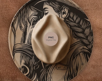 Cowgirl & Horse Hat Burning Design: Western Wide Brim Template PNG LightBurn + PDF (Commercial use)