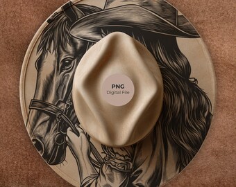Cowgirl & Horse Hat Burning Design: Western Wide Brim Template PNG LightBurn + PDF (Commercial use)