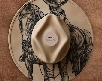 Cowgirl & Horse Hat Burning Design: Western Wide Brim Template PNG LightBurn + PDF (Commercial use)