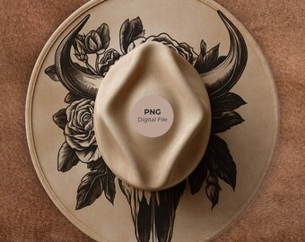 Diseño pirograbado de calavera y rosas de cuernos largos / Sombrero del oeste de Texas (PNG + PDF)