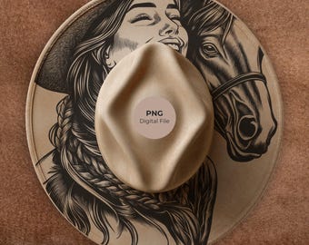 Cowgirl & Horse Hat Burning Design: Western Wide Brim Template PNG LightBurn + PDF (Commercial use)