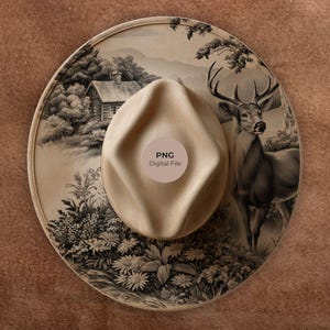 May include: A tan fedora hat with a detailed landscape design on the brim, featuring a cabin, trees, and a deer. The hat has a neutral-coloured crown and a round brim. The image includes a "PNG Digital File" sticker.