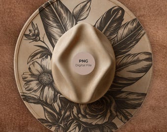 Boho Flower & Feather Hat Pyrography Design: Laser Engraving PNG + PDF (Digital Download)