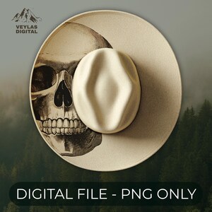May include: A cream-colored fedora hat with a large brim, featuring a detailed black and white skull graphic on the brim. The text "DIGITAL FILE - PNG ONLY" is at the bottom.