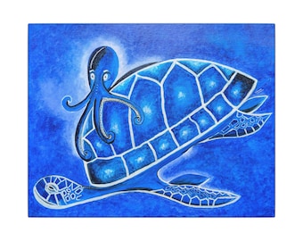 Sea Turtle Octopus Canvas Art: Coastal Marine Life Home Decor