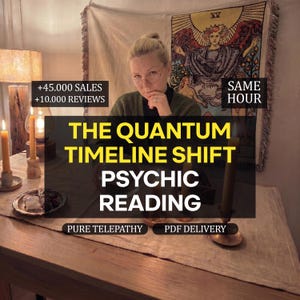 May include: A person with blonde hair wearing glasses sits behind a table with candles and a tapestry featuring a tarot card design. Text overlays read: +45.000 SALES, +10.000 REVIEWS, SAME HOUR, THE QUANTUM TIMELINE SHIFT PSYCHIC READING, PURE TELEPATHY, PDF DELIVERY.
