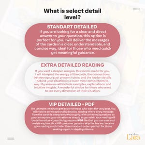 May include: A white informational graphic with the heading What is select detail level? featuring three rounded rectangular text boxes in dusty rose. The boxes are labeled STANDART DETAILED, EXTRA DETAILED READING, and VIP DETAILED + PDF.
