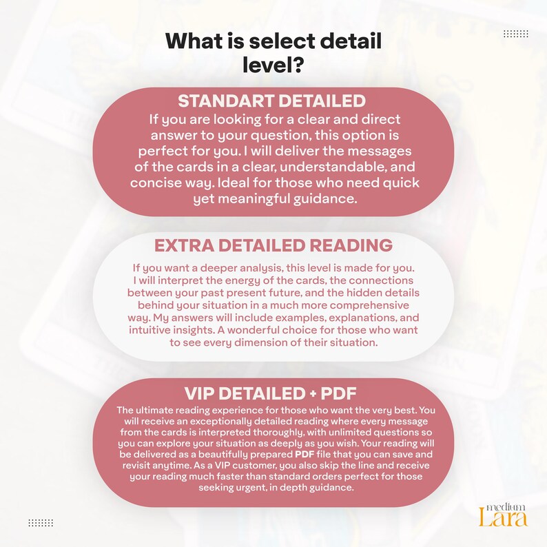 May include: A white informational graphic with the heading What is select detail level? featuring three rounded rectangular text boxes in dusty rose. The boxes are labeled STANDART DETAILED, EXTRA DETAILED READING, and VIP DETAILED + PDF.