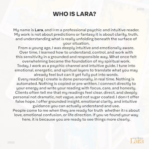 May include: A white informational card with black text titled WHO IS LARA? The text describes the services of a professional psychic and intuitive reader, emphasizing a focus on clarity, truth, and personal guidance without automated content.