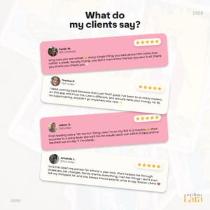 May include: A graphic display titled What do my clients say? featuring four customer testimonials with five-star ratings. Each review includes a circular profile photo, a name, order count, and text detailing positive experiences with Medium Lara.