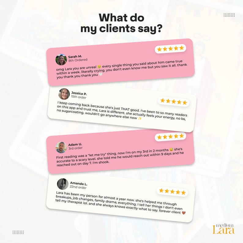 May include: A graphic display titled What do my clients say? featuring four customer testimonials with five-star ratings. Each review includes a circular profile photo, a name, order count, and text detailing positive experiences with Medium Lara.