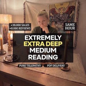 May include: A person with glasses sits at a table with candles and a tarot tapestry. Text overlays read: +38.000 SALES, +8.000 REVIEWS, SAME HOUR, EXTREMELY EXTRA DEEP MEDIUM READING, PURE TELEPATHY, and PDF DELIVERY. The scene is dimly lit with warm lighting.