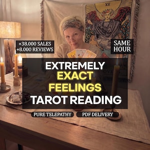 May include: A person with a headband holding tarot cards at a table with lit candles and a tapestry featuring the XV Devil card. Text overlays include +38.000 SALES, +8.000 REVIEWS, SAME HOUR, EXTREMELY EXACT FEELINGS TAROT READING, PURE TELEPATHY, and PDF DELIVERY.