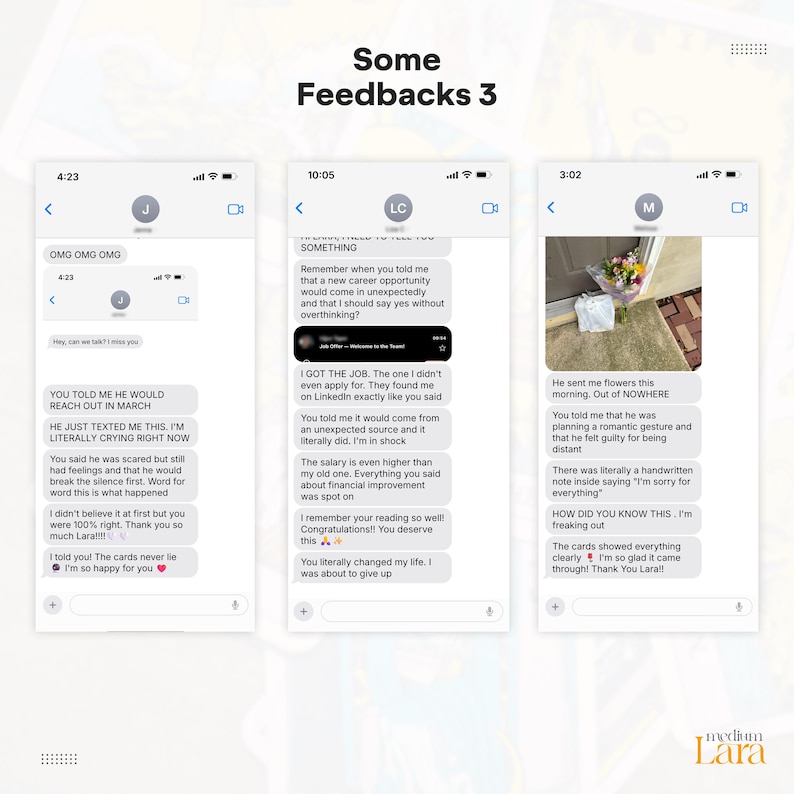 May include: A screenshot displaying three mobile phone conversations with positive feedback. The messages convey testimonials. The image features the text "Some Feedbacks 3" at the top.