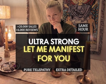 May include: An image featuring a woman with glasses, with text overlay: "ULTRA STRONG LET ME MANIFEST FOR YOU". Additional text includes "+20.000 SALES +6.000 REVIEWS", "PURE TELEPATHY", "EXTRA DETAILED", and "SAME HOUR". The background includes candles and a tapestry.