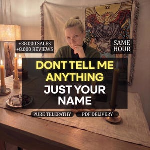 May include: A person with blonde hair wearing a dark green sweater sits at a table with three lit candles and a tapestry featuring a tarot card design. Text overlays read: +38.000 SALES, +8.000 REVIEWS, SAME HOUR, DONT TELL ME ANYTHING JUST YOUR NAME, PURE TELEPATHY, PDF DELIVERY.