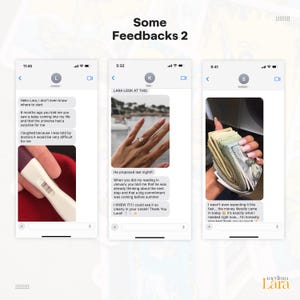 May include: A digital graphic titled Some Feedbacks 2 displaying three mobile phone screenshots of text message conversations. The messages include photos of a positive pregnancy test, a hand wearing a diamond engagement ring, and a stack of cash.