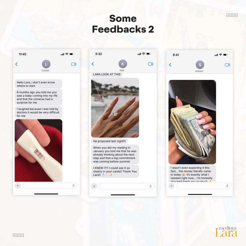 May include: A digital graphic titled Some Feedbacks 2 displaying three mobile phone screenshots of text message conversations. The messages include photos of a positive pregnancy test, a hand wearing a diamond engagement ring, and a stack of cash.