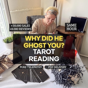 May include: A tarot reading service featuring a deck of black cards with gold star symbols, red pillar candles, and text overlays stating +38.000 SALES, +8.000 REVIEWS, SAME HOUR, WHY DID HE GHOST YOU? TAROT READING, PURE TELEPATHY, and PDF DELIVERY.