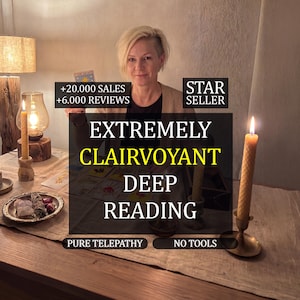 May include: A person sits at a table with tarot cards, two lit beeswax candles in brass holders, and a small silver dish containing crystals and sage. Text overlays read: +20.000 SALES, +6.000 REVIEWS, STAR SELLER, EXTREMELY CLAIRVOYANT DEEP READING, PURE TELEPATHY, NO TOOLS.