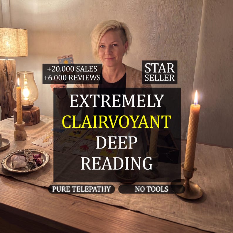 May include: A person sits at a table with tarot cards, two lit beeswax candles in brass holders, and a small silver dish containing crystals and sage. Text overlays read: +20.000 SALES, +6.000 REVIEWS, STAR SELLER, EXTREMELY CLAIRVOYANT DEEP READING, PURE TELEPATHY, NO TOOLS.